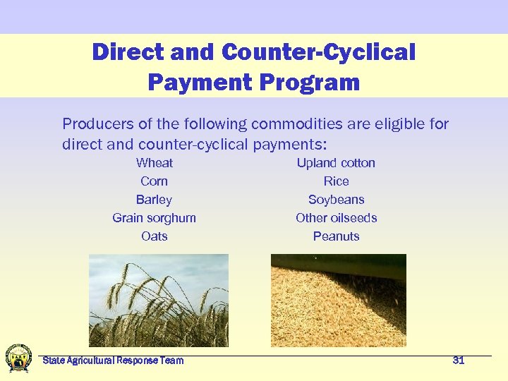 Direct and Counter-Cyclical Payment Program Producers of the following commodities are eligible for direct