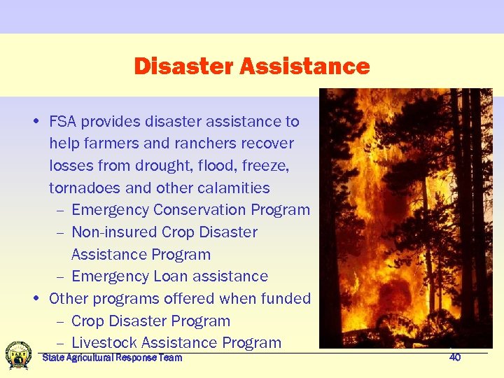 Disaster Assistance • FSA provides disaster assistance to help farmers and ranchers recover losses