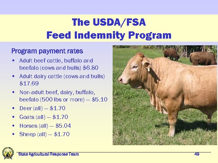 The USDA/FSA Feed Indemnity Program payment rates • Adult beef cattle, buffalo and beefalo