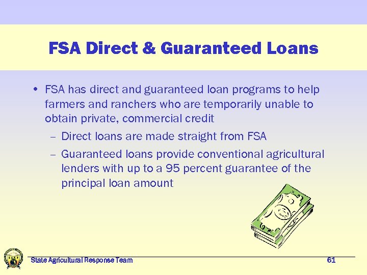 FSA Direct & Guaranteed Loans • FSA has direct and guaranteed loan programs to