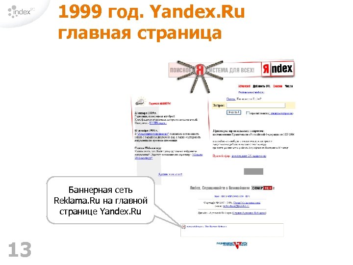 1999 год. Yandex. Ru главная страница Баннерная сеть Reklama. Ru на главной странице Yandex.