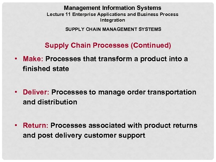 Management Information Systems Lecture 11 Enterprise Applications and Business Process Integration SUPPLY CHAIN MANAGEMENT