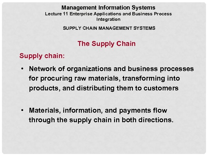 Management Information Systems Lecture 11 Enterprise Applications and Business Process Integration SUPPLY CHAIN MANAGEMENT