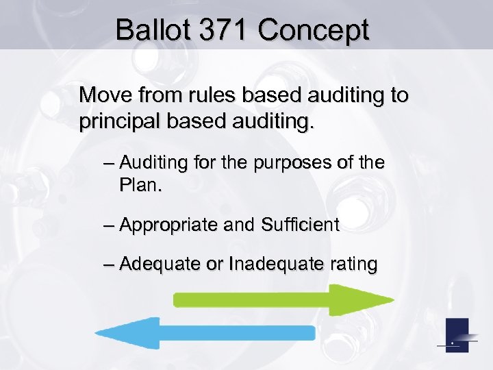 Ballot 371 Concept Move from rules based auditing to principal based auditing. – Auditing