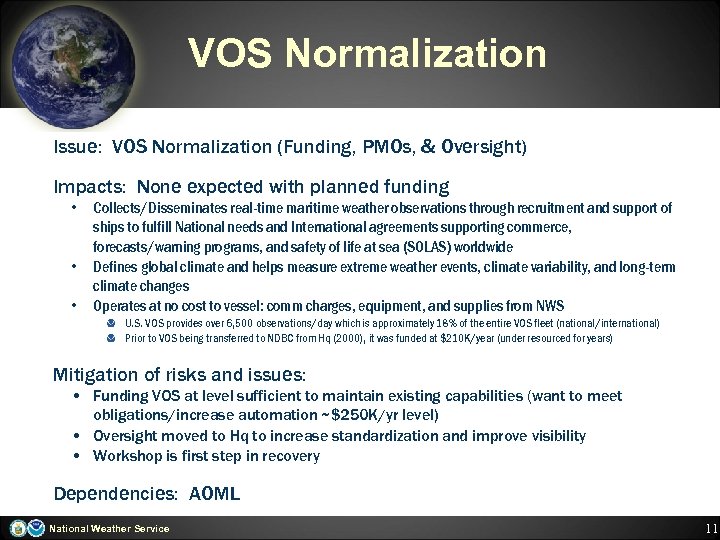 VOS Normalization Issue: VOS Normalization (Funding, PMOs, & Oversight) Impacts: None expected with planned