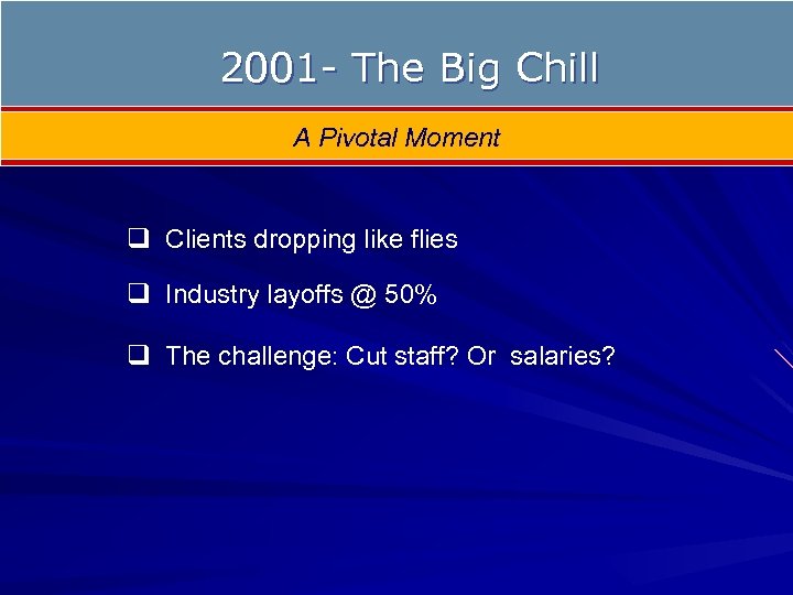 2001 - The Big Chill A Pivotal Moment q Clients dropping like flies q