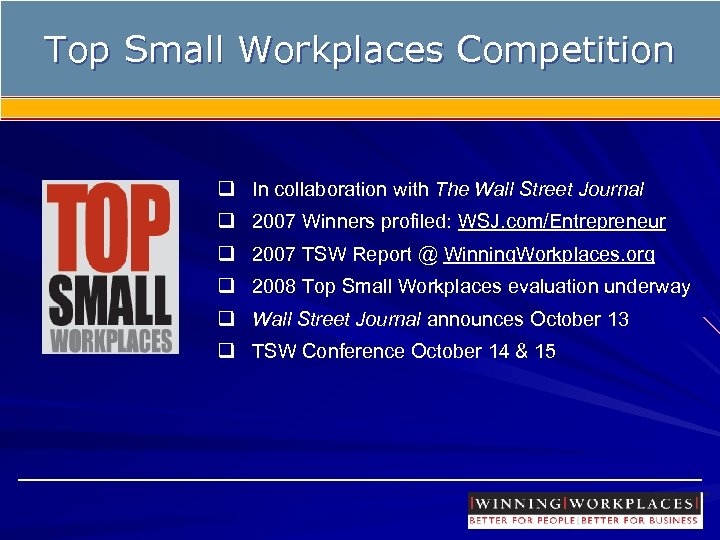 Top Small Workplaces Competition q In collaboration with The Wall Street Journal q 2007
