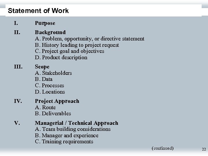 Statement of Work I. Purpose II. Background A. Problem, opportunity, or directive statement B.