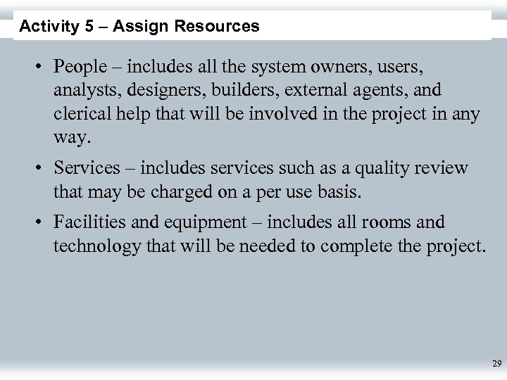 Activity 5 – Assign Resources • People – includes all the system owners, users,