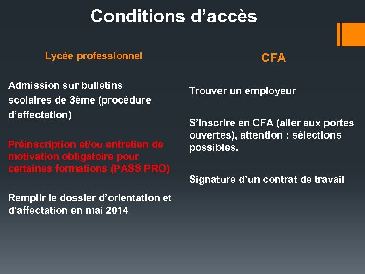 Conditions d’accès Lycée professionnel Admission sur bulletins scolaires de 3ème (procédure d’affectation) Préinscription et/ou