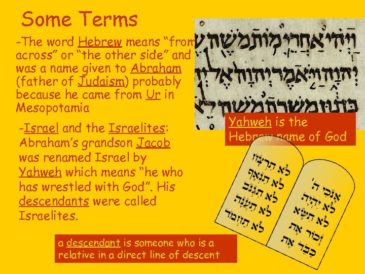 Some Terms -The word Hebrew means “from across” or “the other side” and was