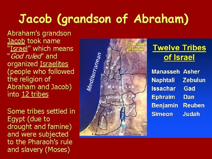 Jacob (grandson of Abraham) Abraham’s grandson Jacob took name “Israel” which means “God ruled”