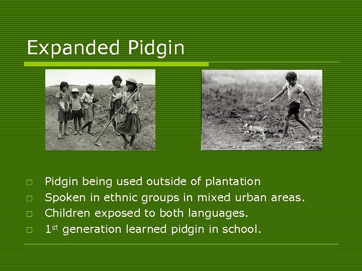 Expanded Pidgin o o Pidgin being used outside of plantation Spoken in ethnic groups
