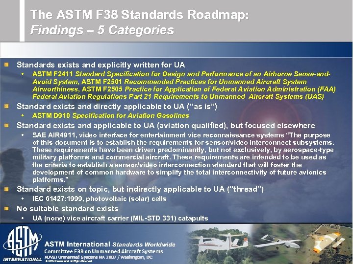 The ASTM F 38 Standards Roadmap: Findings – 5 Categories Standards exists and explicitly