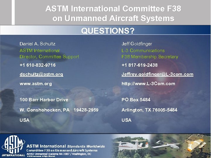 ASTM International Committee F 38 on Unmanned Aircraft Systems QUESTIONS? Daniel A. Schultz ASTM