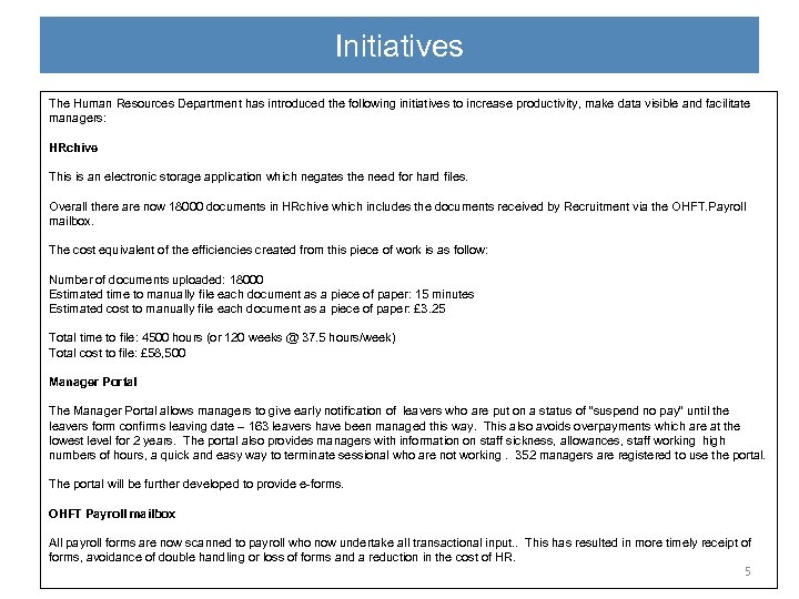 Initiatives The Human Resources Department has introduced the following initiatives to increase productivity, make