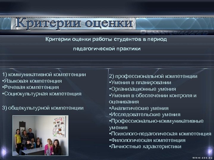 Критерии оценки работы студентов в период педагогической практики 1) коммуникативной компетенции • Языковая компетенция