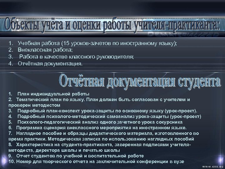 1. Учебная работа (15 уроков зачетов по иностранному языку); 2. Внеклассная работа; 3. Работа
