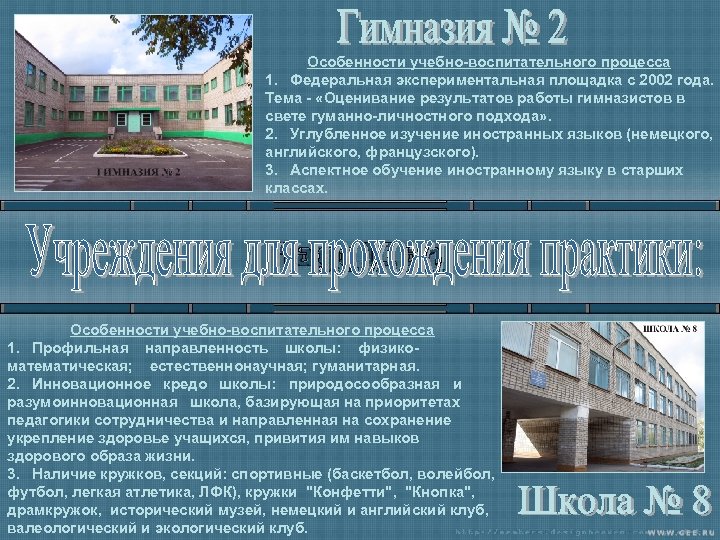 Особенности учебно воспитательного процесса 1. Федеральная экспериментальная площадка с 2002 года. Тема «Оценивание результатов