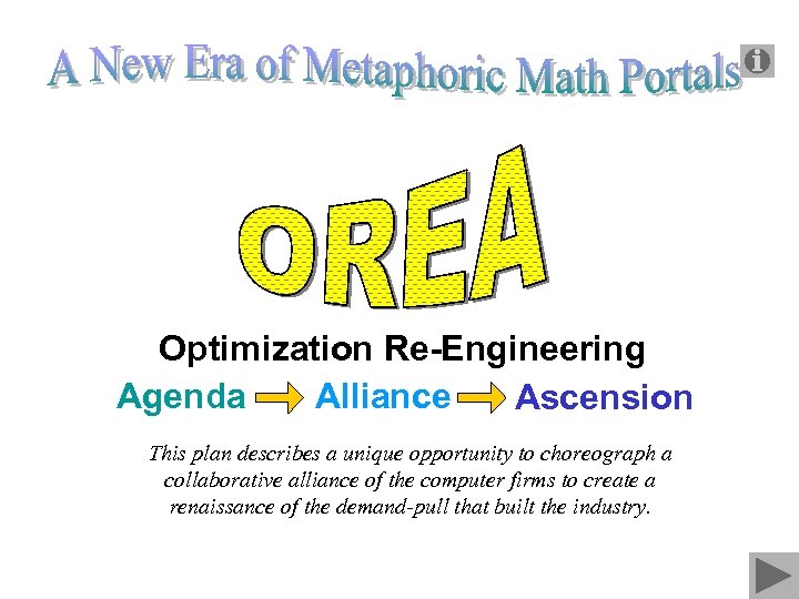 Optimization Re-Engineering Alliance Ascension Agenda Alliance This plan describes a unique opportunity to choreograph