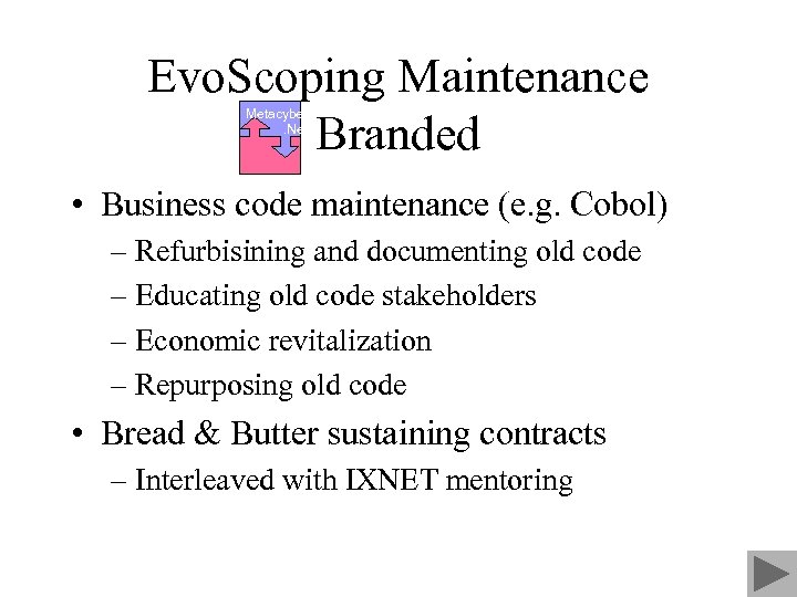 Evo. Scoping Maintenance Branded Metacyber. Net • Business code maintenance (e. g. Cobol) –