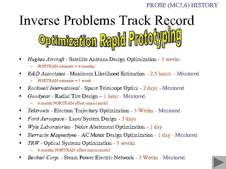 PROSE (MC 5, 6) HISTORY Inverse Problems Track Record • Hughes Aircraft - Satellite