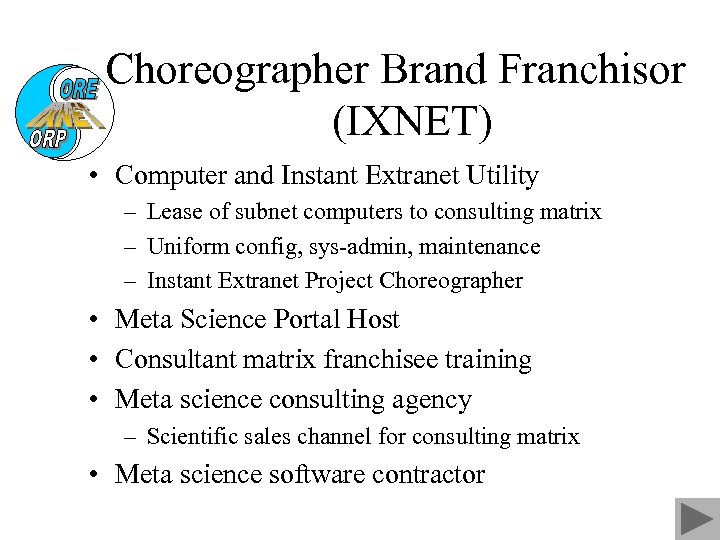 Choreographer Brand Franchisor (IXNET) • Computer and Instant Extranet Utility – Lease of subnet