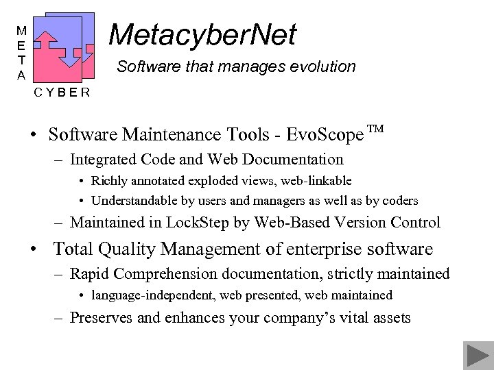 Metacyber. Net M E T A Software that manages evolution CYBER • Software Maintenance