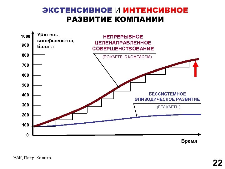 ЭКСТЕНСИВНОЕ И ИНТЕНСИВНОЕ РАЗВИТИЕ КОМПАНИИ 1000 900 Уровень совершенства, баллы 800 НЕПРЕРЫВНОЕ ЦЕЛЕНАПРАВЛЕННОЕ СОВЕРШЕНСТВОВАНИЕ