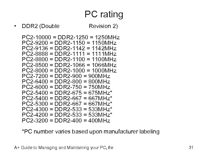 PC rating • DDR 2 (Double Data Rate Revision 2) PC 2 -10000 =