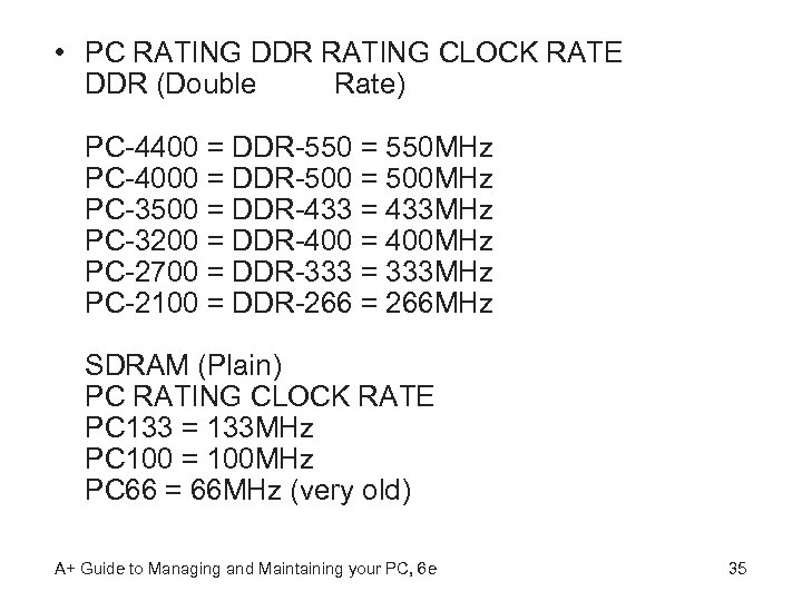  • PC RATING DDR RATING CLOCK RATE DDR (Double Data Rate) PC-4400 =