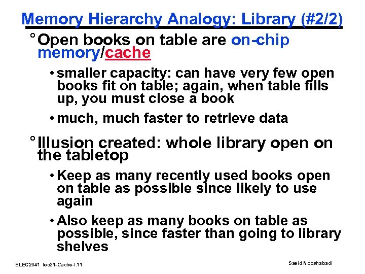 Memory Hierarchy Analogy: Library (#2/2) ° Open books on table are on-chip memory/cache •