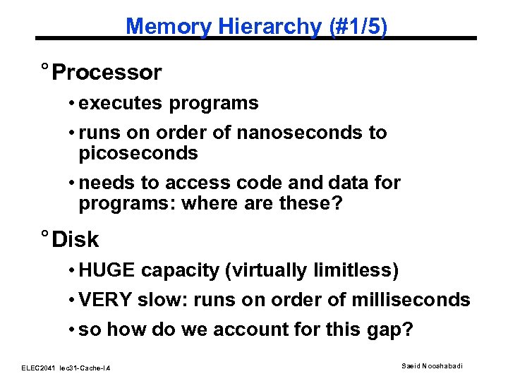 Memory Hierarchy (#1/5) ° Processor • executes programs • runs on order of nanoseconds