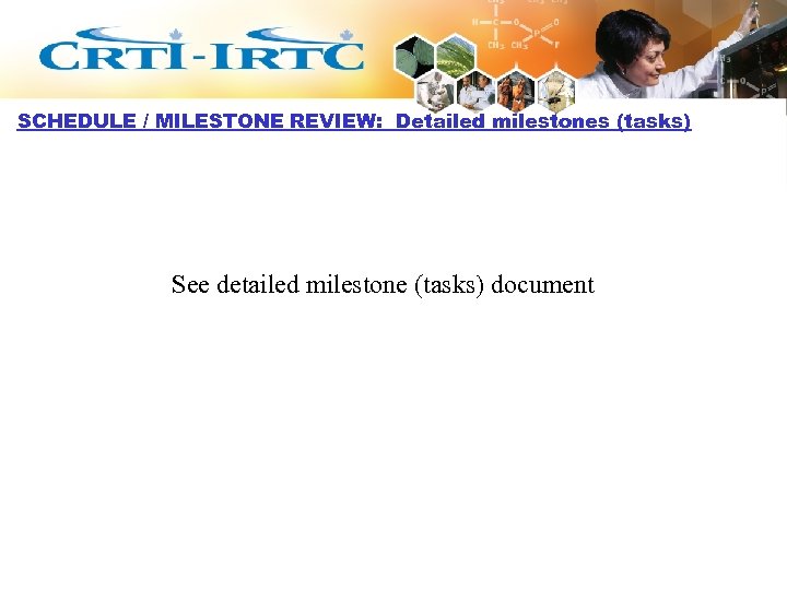 SCHEDULE / MILESTONE REVIEW: Detailed milestones (tasks) See detailed milestone (tasks) document 