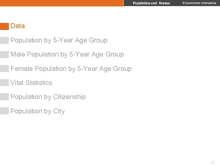 Population and Homes © Euromonitor International Data Population by 5 -Year Age Group Male