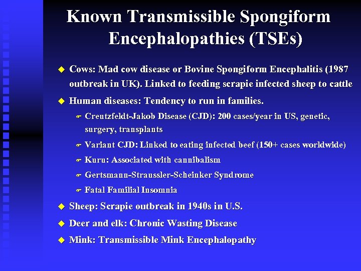 Known Transmissible Spongiform Encephalopathies (TSEs) u Cows: Mad cow disease or Bovine Spongiform Encephalitis