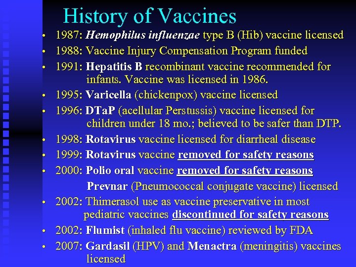 History of Vaccines • • • 1987: Hemophilus influenzae type B (Hib) vaccine licensed