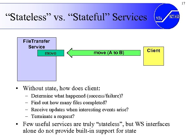 17 “Stateless” vs. “Stateful” Services File. Transfer Service move (A to B) Client •
