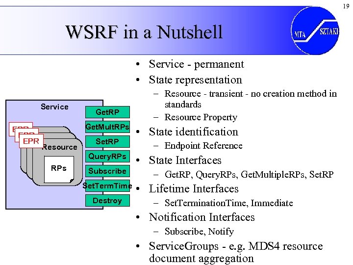 19 WSRF in a Nutshell • Service - permanent • State representation Service EPR