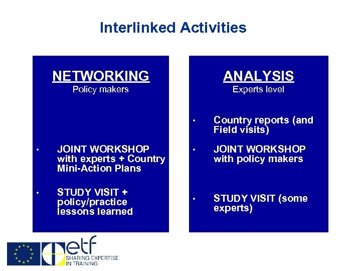 Interlinked Activities NETWORKING ANALYSIS Policy makers Experts level • • JOINT WORKSHOP with experts