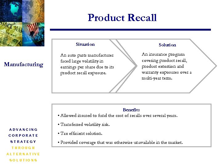 Product Recall Situation Manufacturing An auto parts manufacturer faced large volatility in earnings per