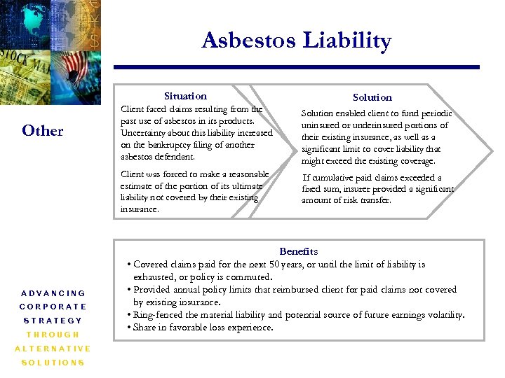 Asbestos Liability Situation Solution enabled client to fund periodic uninsured or underinsured portions of