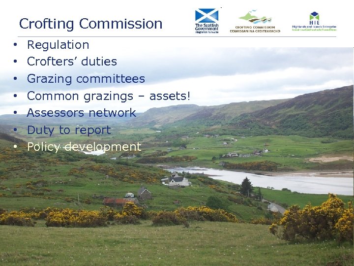 Crofting Commission • • Regulation Crofters’ duties Grazing committees Common grazings – assets! Assessors