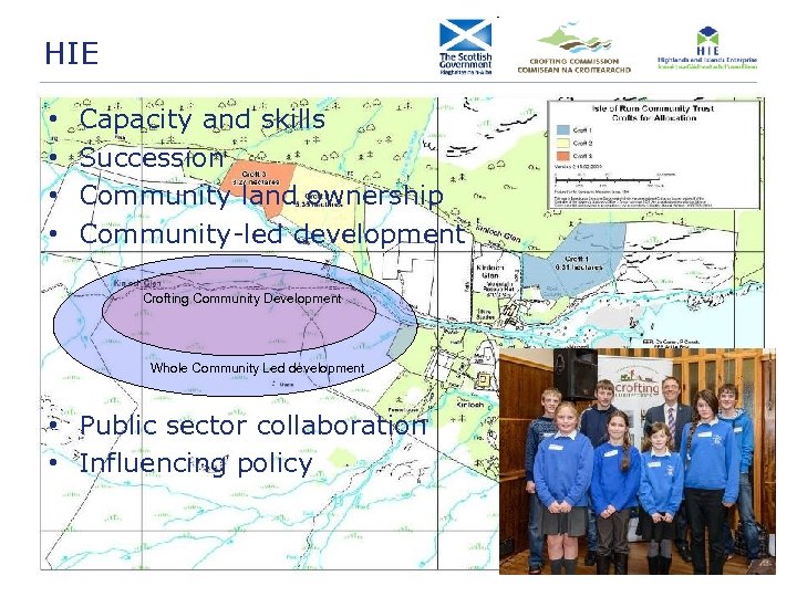 HIE • • Capacity and skills Succession Community land ownership Community-led development Crofting Community