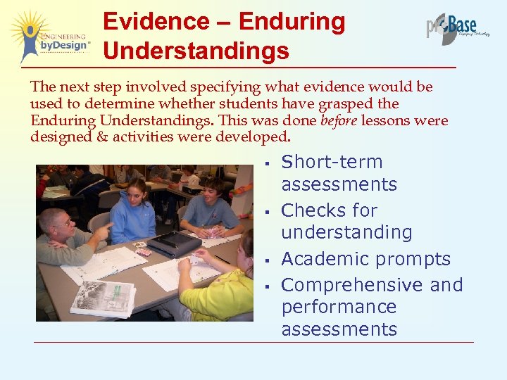 Evidence – Enduring Understandings The next step involved specifying what evidence would be used