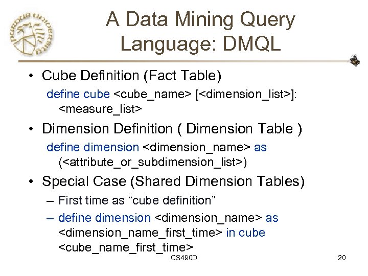 A Data Mining Query Language: DMQL • Cube Definition (Fact Table) define cube <cube_name>