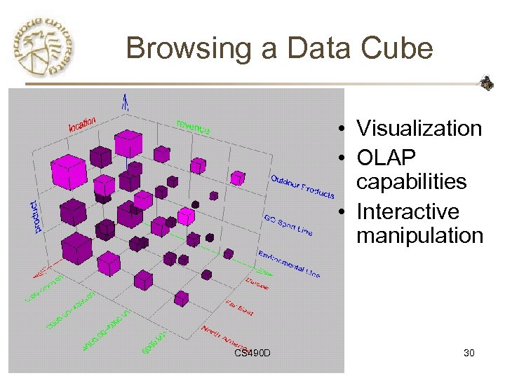 Browsing a Data Cube • Visualization • OLAP capabilities • Interactive manipulation CS 490