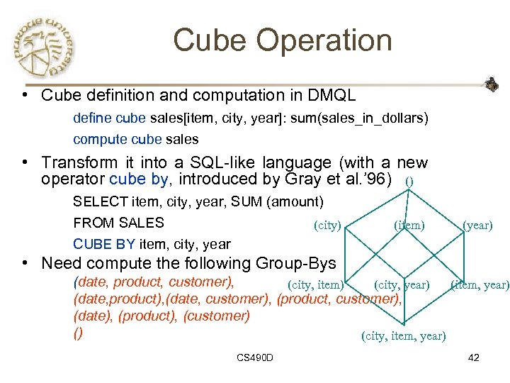 Cube Operation • Cube definition and computation in DMQL define cube sales[item, city, year]: