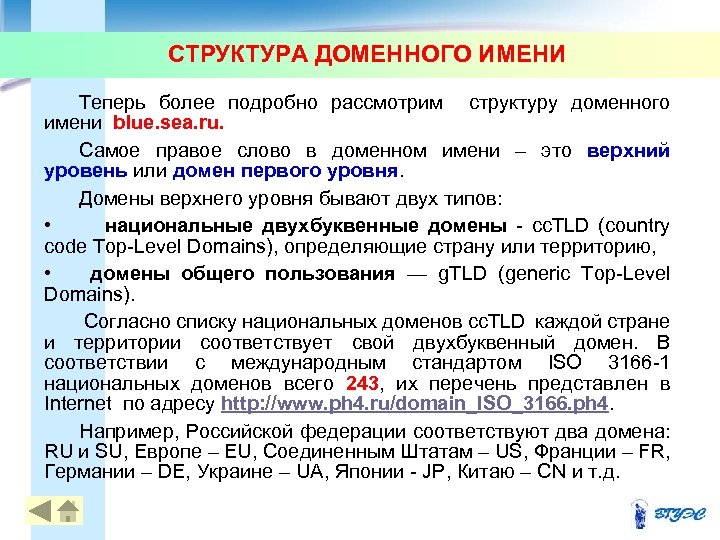 СТРУКТУРА ДОМЕННОГО ИМЕНИ Теперь более подробно рассмотрим структуру доменного имени blue. sea. ru. Самое