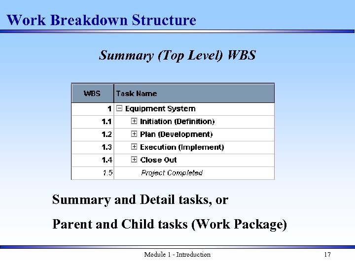 Work Breakdown Structure Summary (Top Level) WBS Summary and Detail tasks, or Parent and